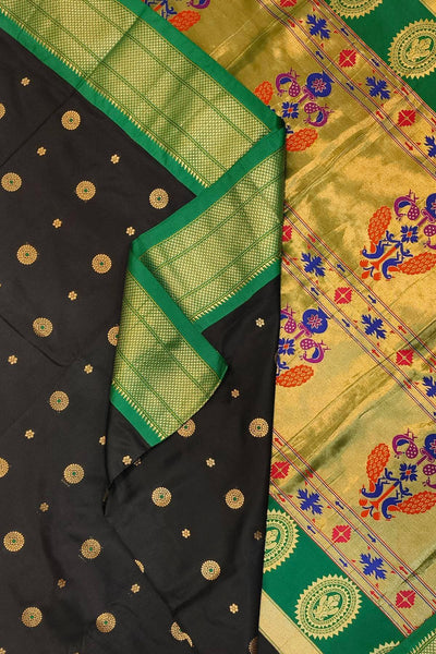 Paithani pure silk saree in black with small buttis all over the body