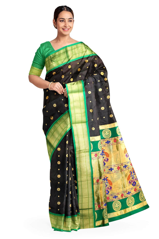 Paithani pure silk saree in black with small buttis all over the body