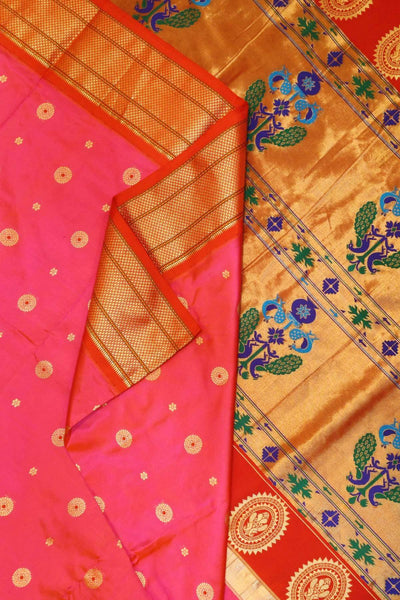 Paithani pure silk saree in pink with small buttis all over the body