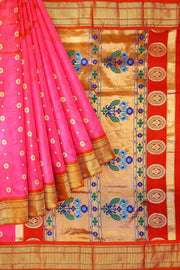 Paithani pure silk saree in pink with small buttis all over the body