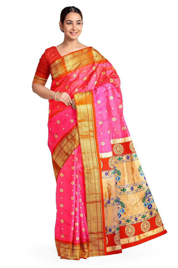 Paithani pure silk saree in pink with small buttis all over the body