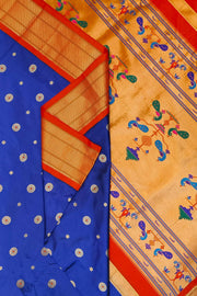 Paithani pure silk saree in royal blue with small buttis all over the body