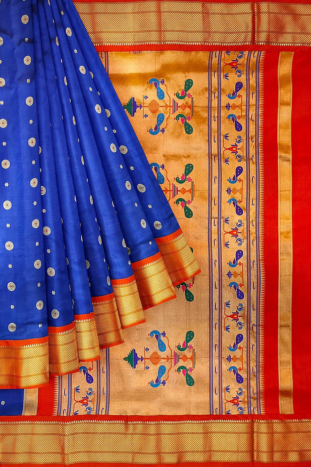 Paithani pure silk saree in royal blue with small buttis all over the body