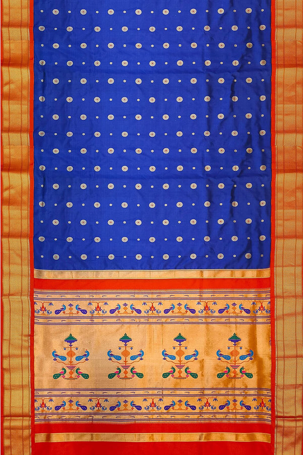 Paithani pure silk saree in royal blue with small buttis all over the body