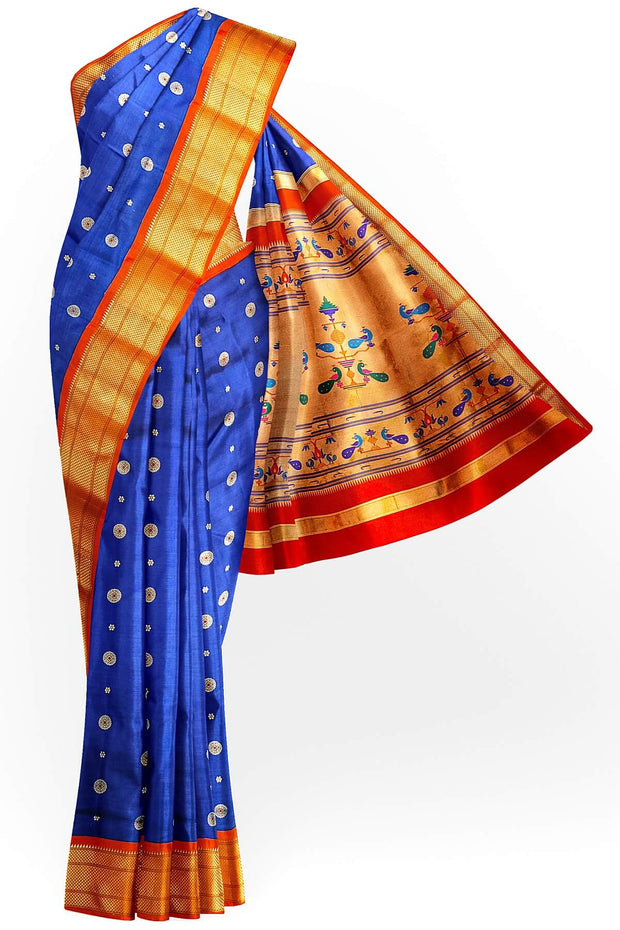 Paithani pure silk saree in royal blue with small buttis all over the body