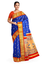 Paithani pure silk saree in royal blue with small buttis all over the body