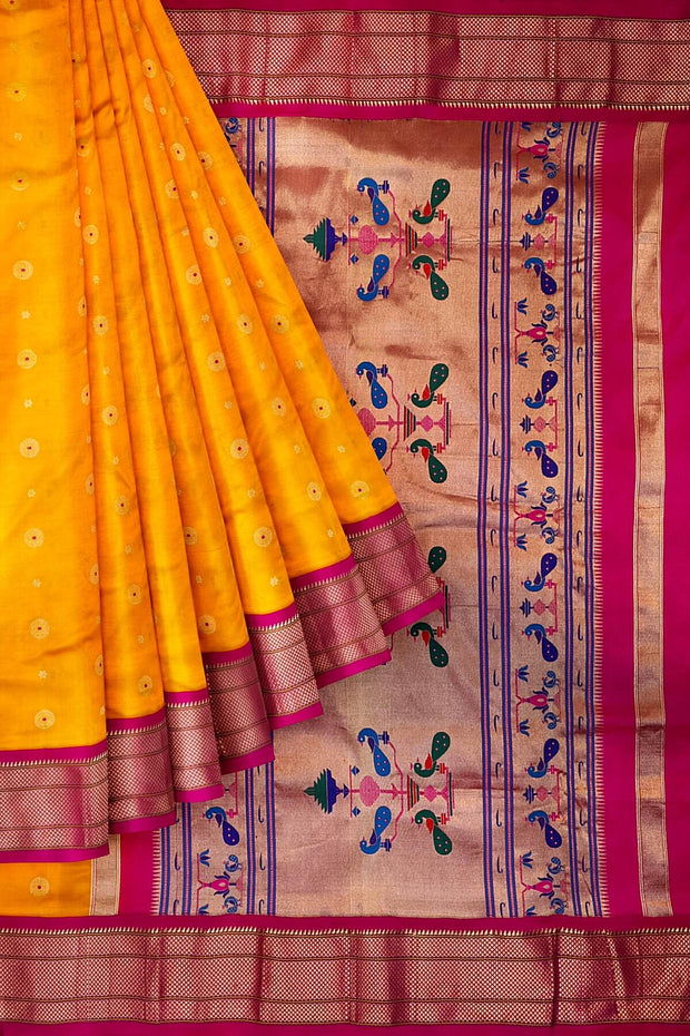 Paithani pure silk saree in mango yellow with small buttis all over the body