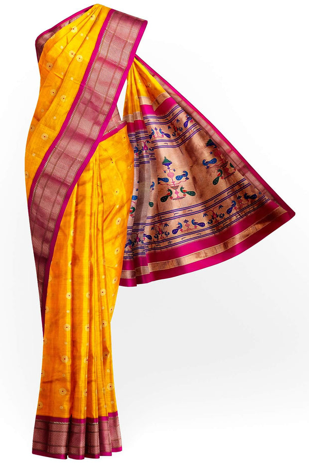 Paithani pure silk saree in mango yellow with small buttis all over the body