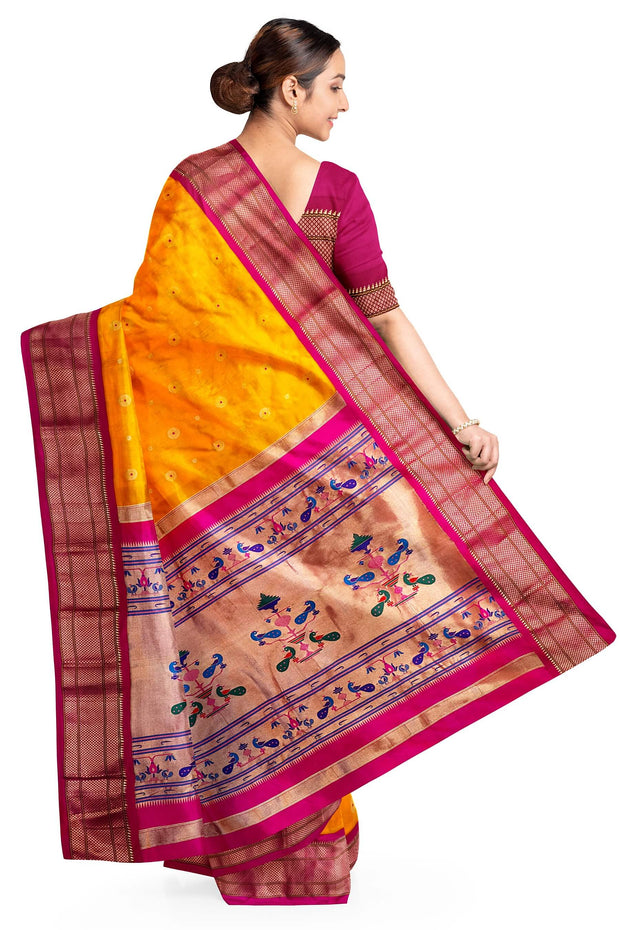 Paithani pure silk saree in mango yellow with small buttis all over the body