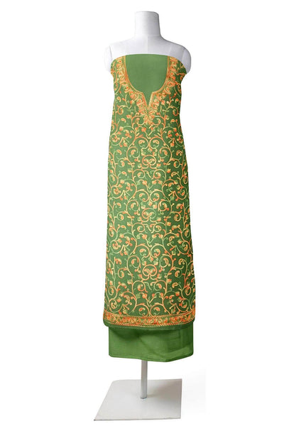 Crepe silk salwar suit material with Kashmiri hand embroidery.