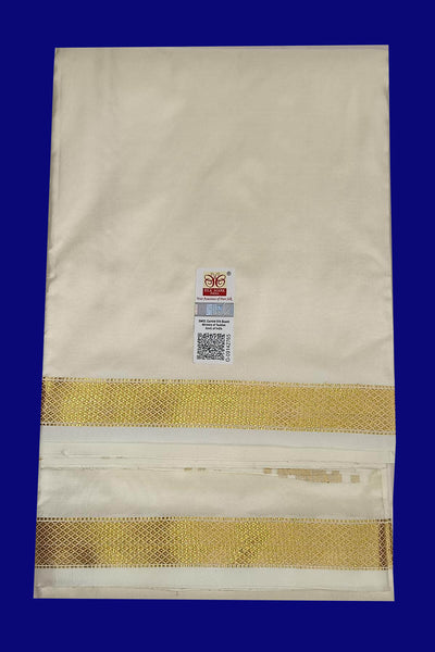 Pure silk Dhoti /Panche  and Angavastram/Shalye  in off white  with 1 inch gold border