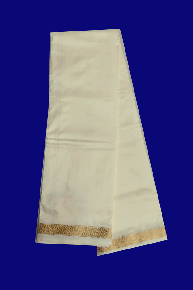 Pure silk Dhoti /Panche  and Angavastram/Shalye  in off white  with 1 inch gold border