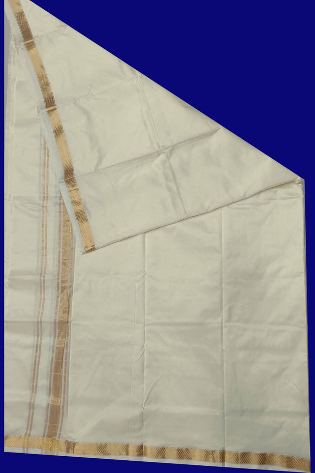 Pure silk Dhoti /Panche  and Angavastram/Shalye  in off white  with 1 inch gold border