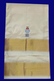 Pure silk Dhoti /Panche  and Angavastram/Shalye  in off white  with 2 inch gold border