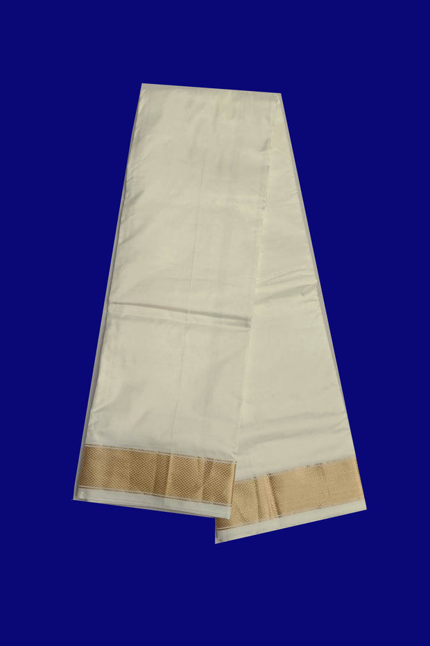 Pure silk Dhoti /Panche  and Angavastram/Shalye  in off white  with 2 inch gold border