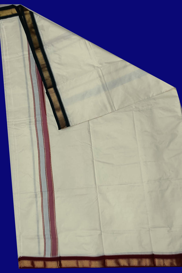 Pure silk Dhoti /Panche  and Angavastram/Shelya  in off white  with 2 inch Ganga Jamuna border