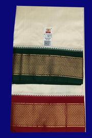 Pure silk Dhoti /Panche   and Angavastram/Shelya  in off white  with 3.5 inch Ganga Jamuna  border