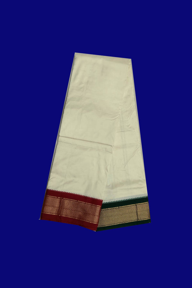 Pure silk Dhoti /Panche   and Angavastram/Shelya  in off white  with 3.5 inch Ganga Jamuna  border