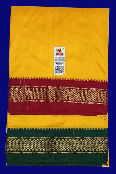 Pure silk Dhoti /Panche  and Angavastram/Shelya  in yellow  with 2 inch Ganga Jamuna border