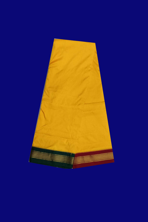 Pure silk Dhoti /Panche  and Angavastram/Shelya  in yellow  with 2 inch Ganga Jamuna border