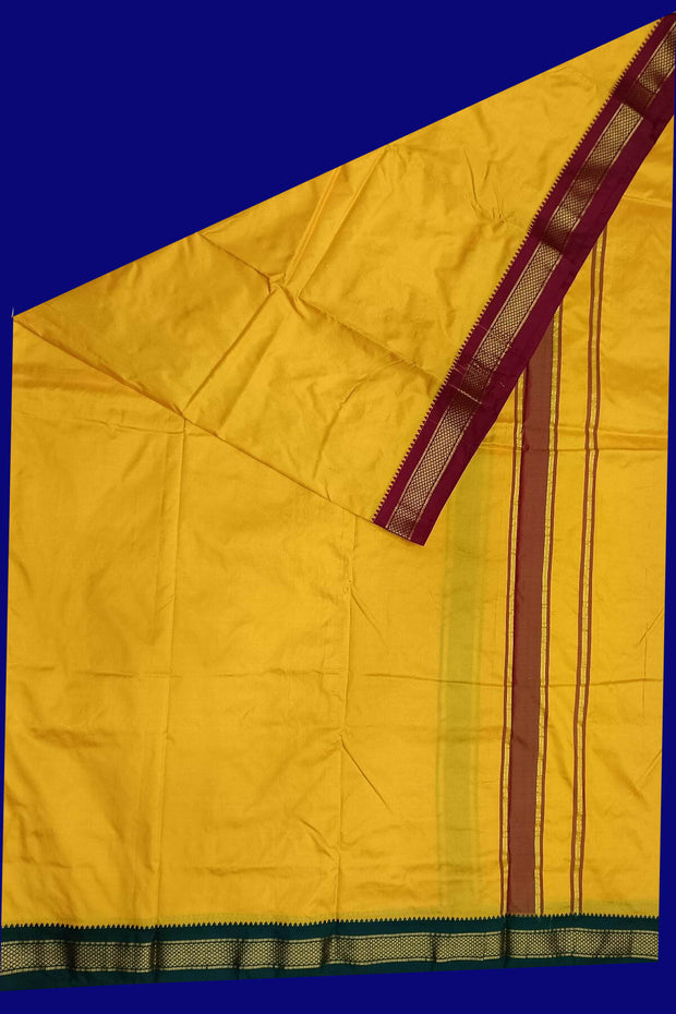 Pure silk Dhoti /Panche  and Angavastram/Shelya  in yellow  with 2 inch Ganga Jamuna border