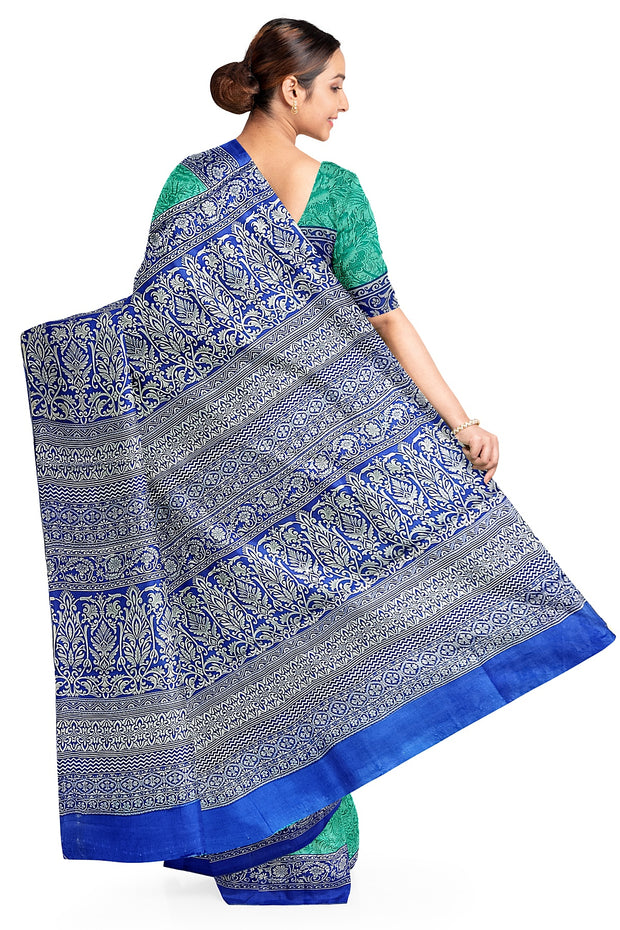 Printed pure silk saree in teal blue