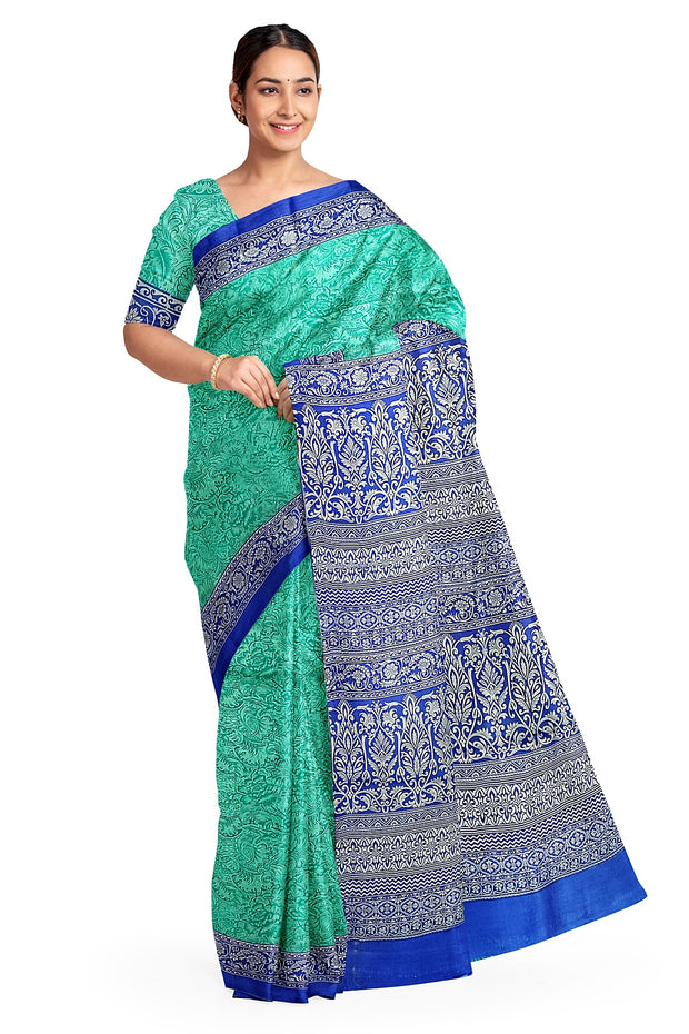 Printed pure silk saree in teal blue