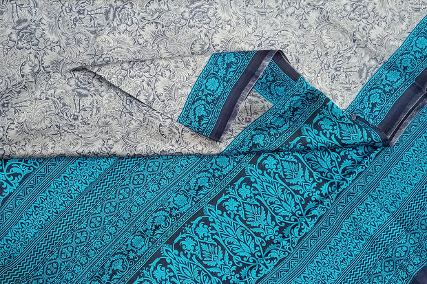 Printed pure silk saree in bluish grey in floral pattern
