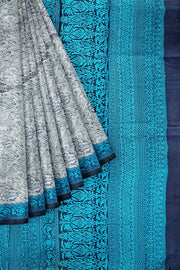 Printed pure silk saree in bluish grey in floral pattern