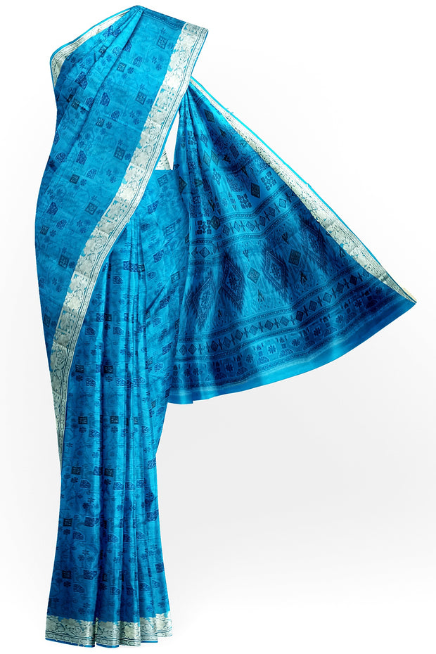 Printed pure silk saree in copper sulphate blue