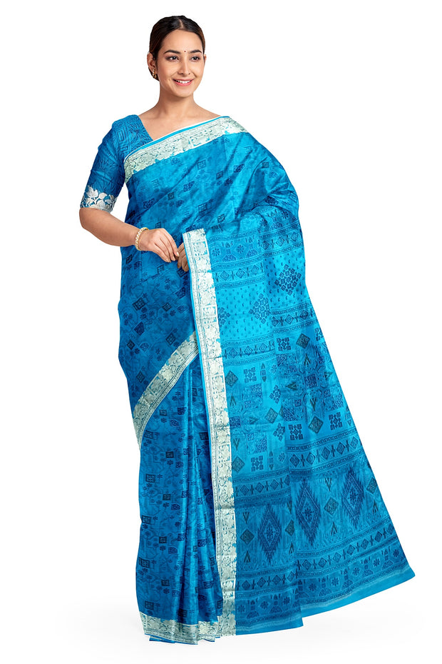 Printed pure silk saree in copper sulphate blue