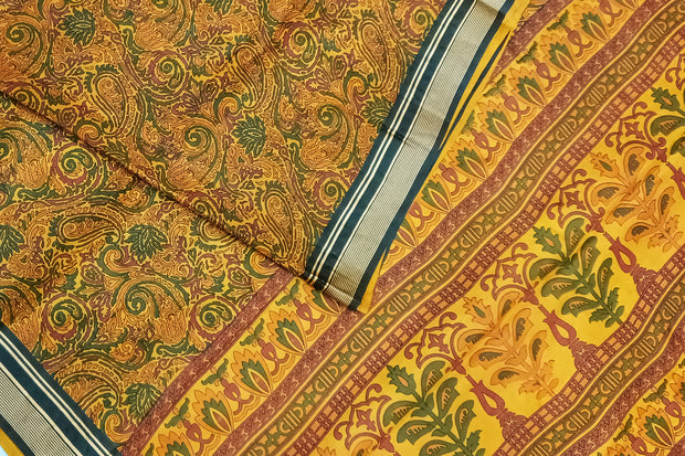 Printed pure silk saree in mustard