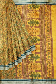 Printed pure silk saree in mustard