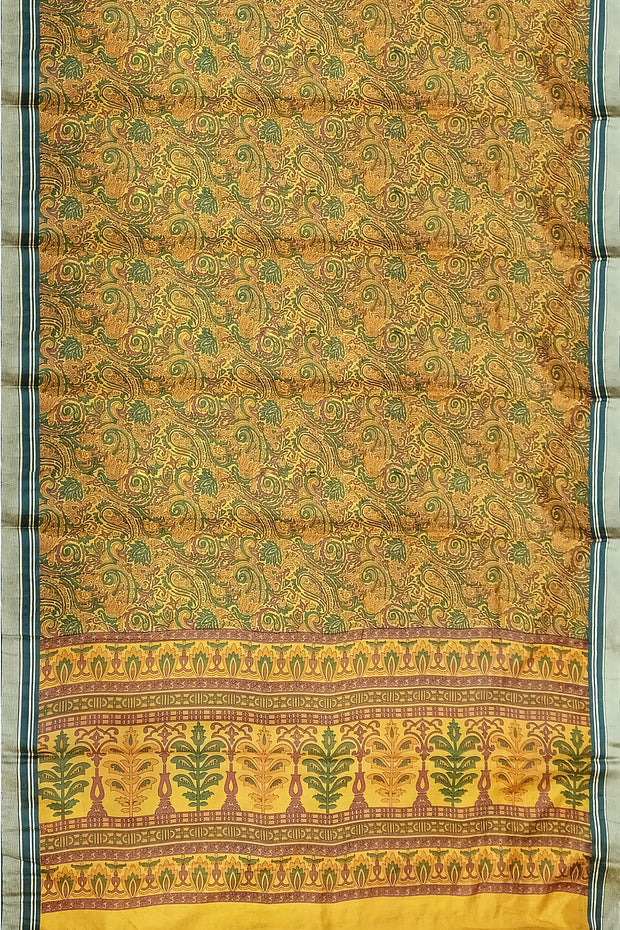 Printed pure silk saree in mustard