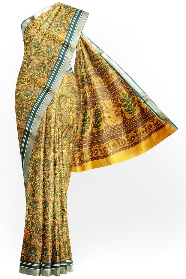 Printed pure silk saree in mustard