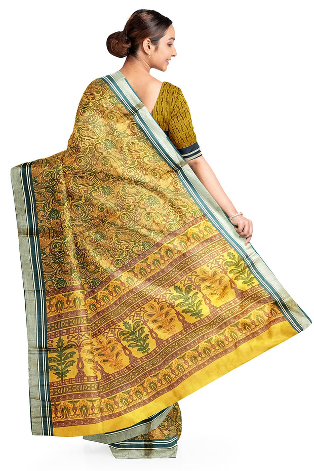 Printed pure silk saree in mustard