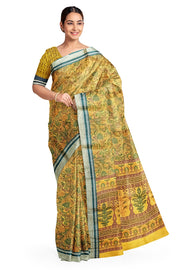 Printed pure silk saree in mustard