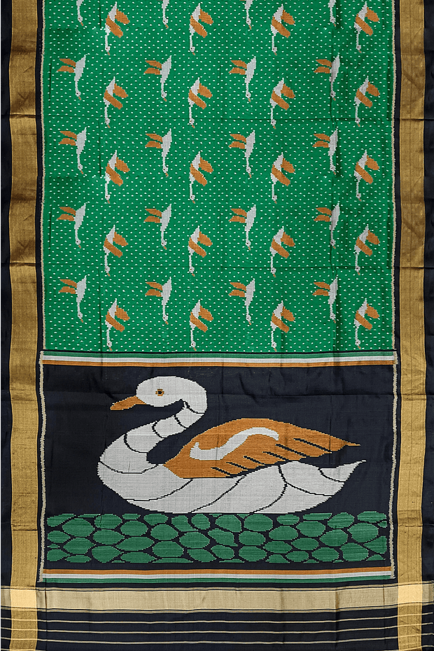 Handwoven Patola pure silk saree in green  with bird motifs