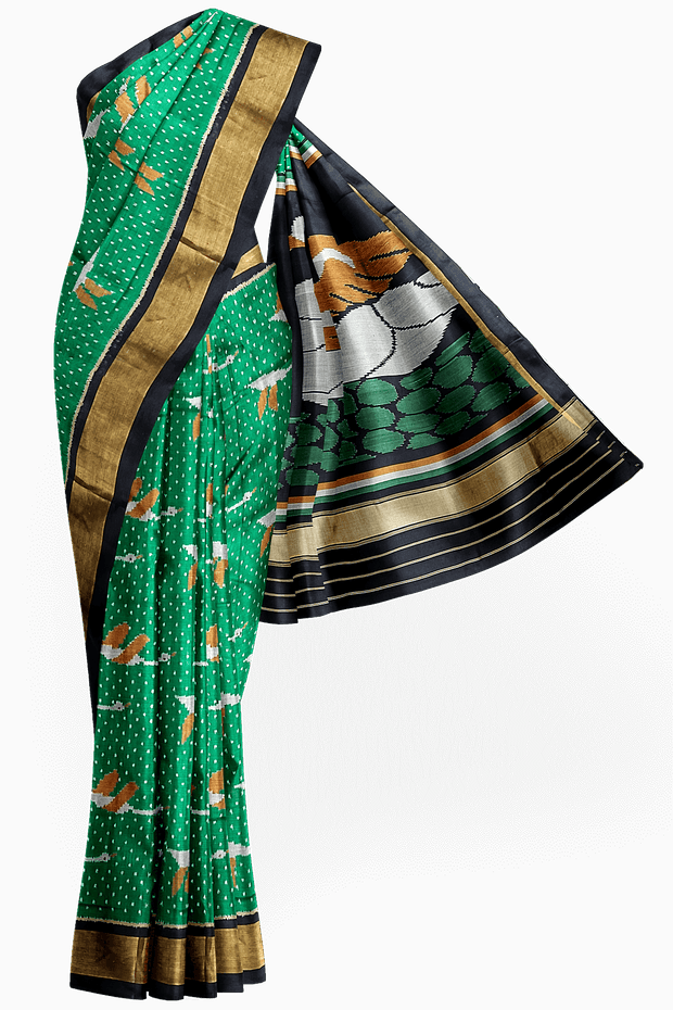 Handwoven Patola pure silk saree in green  with bird motifs