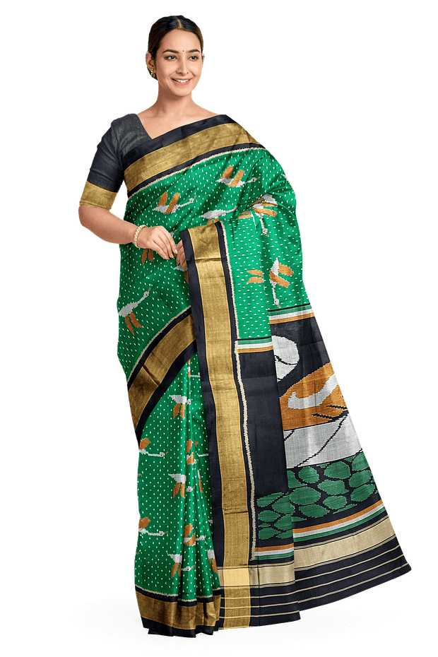 Handwoven Patola pure silk saree in green  with bird motifs