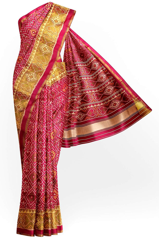 Handwoven Patola pure silk saree  in red in pan bhat pattern.