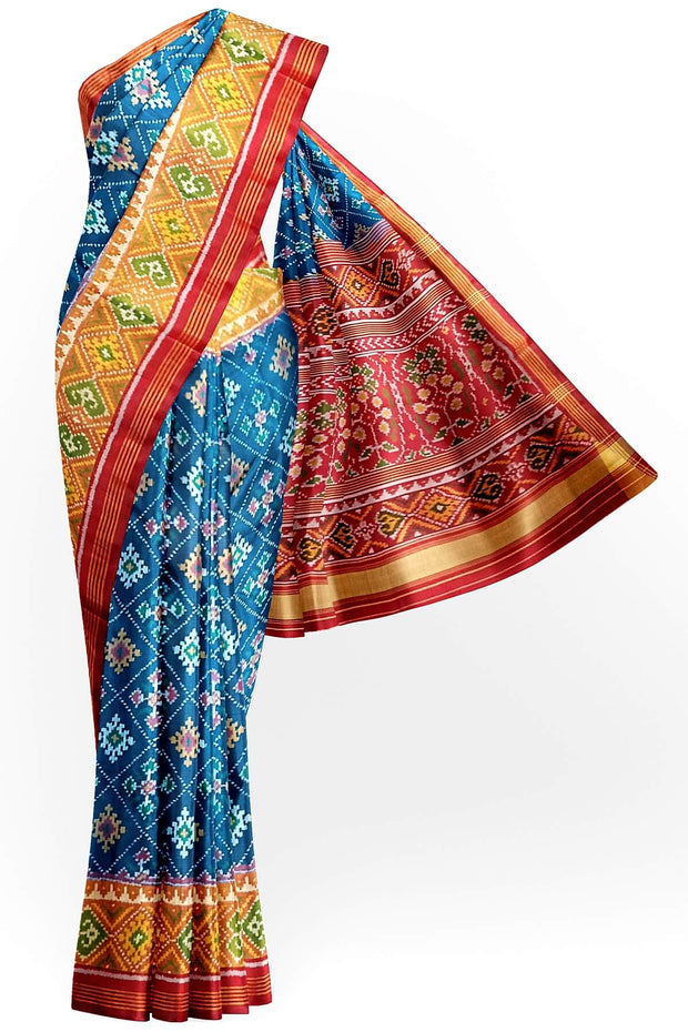 Handwoven Patola pure silk saree in prussian blue in chokta bhat pattern