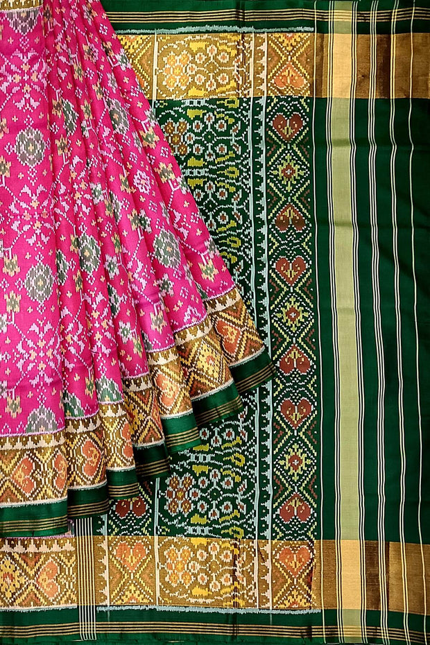 Handwoven Patola pure silk saree in pink in navratan pattern