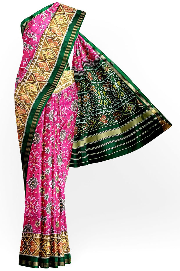 Handwoven Patola pure silk saree in pink in navratan pattern