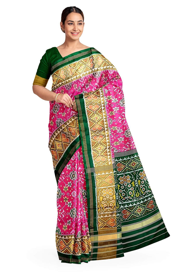 Handwoven Patola pure silk saree in pink in navratan pattern