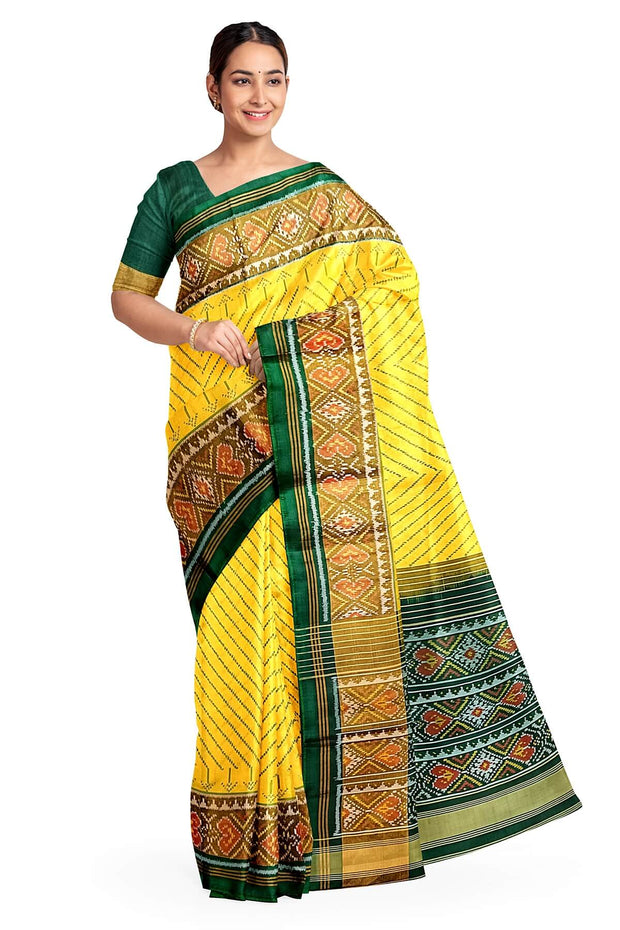 Handwoven Patola pure silk saree in yellow in zig zag  pattern