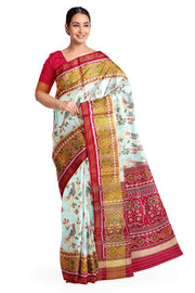 Handwoven Patola  pure silk saree in  off white with bird motifs and a contrast pallu .