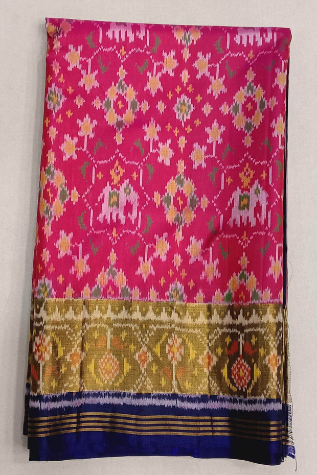 Handwoven Patola pure silk saree in pink  with elephant motifs & navratan pattern on the body