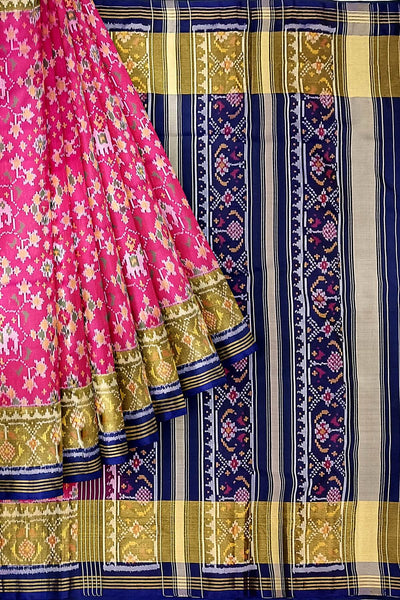 Handwoven Patola pure silk saree in pink  with elephant motifs & navratan pattern on the body