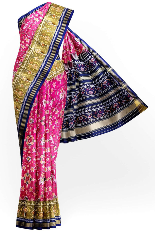 Handwoven Patola pure silk saree in pink  with elephant motifs & navratan pattern on the body